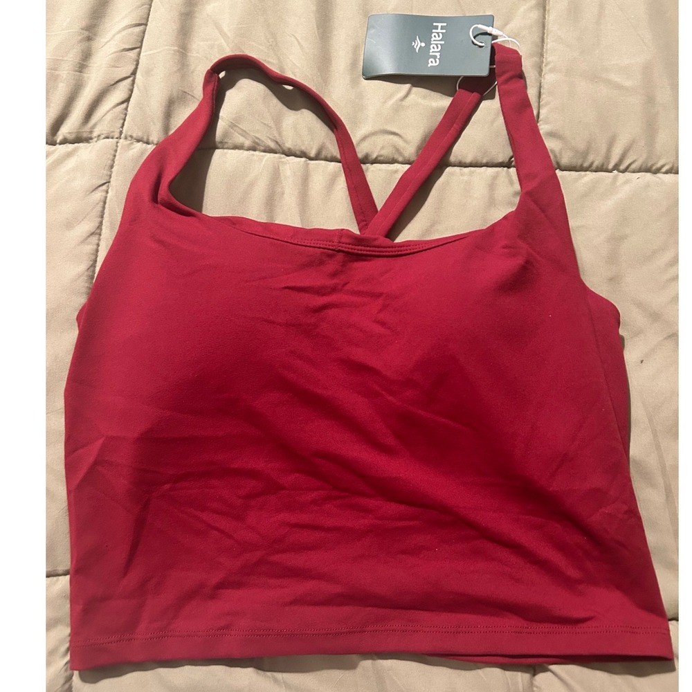 Halara Women XL Wine Strappy Lattice Back Cropped Tank Top Built-in Bra NWT